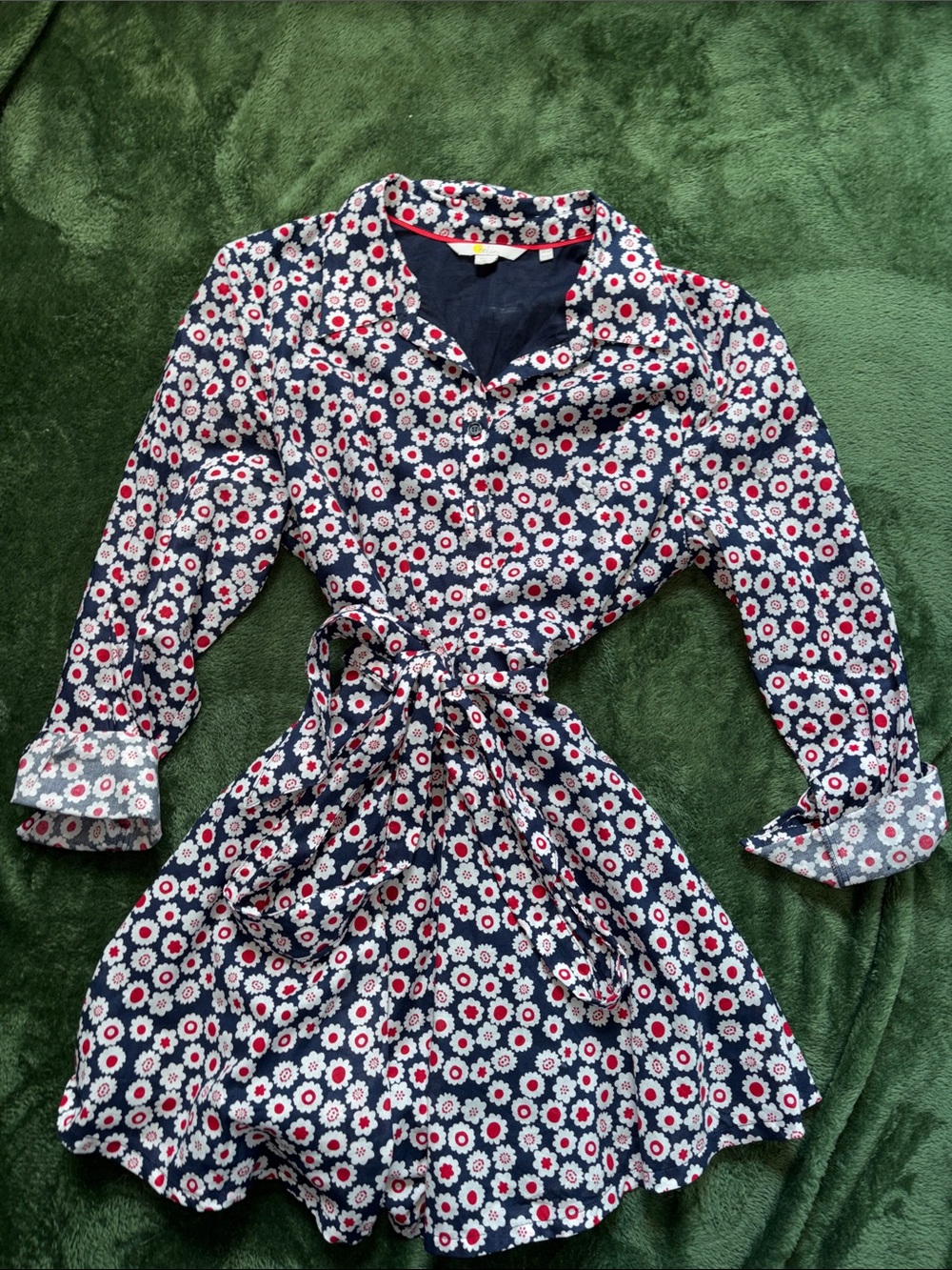 Boden Navy, White & Red Daisy Shirt Dress with Tie